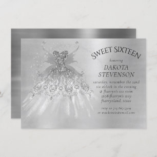 Fairy Wing Silver Gown Platinum Foil Faux Sheen Invitation