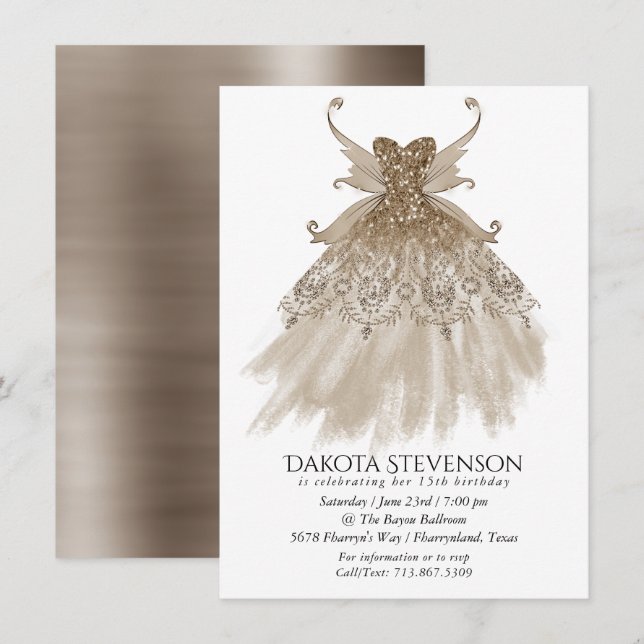 Fairy Wing Taupe Gown | Champagne Elegant Sheen Invitation (Front/Back)