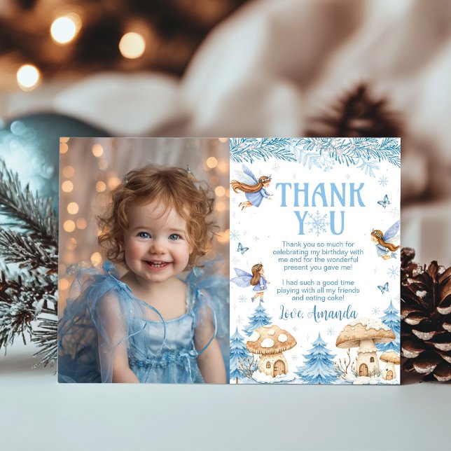 Fairy Winter Wonderland Birthday Photo Thank You Card (Creator Uploaded)