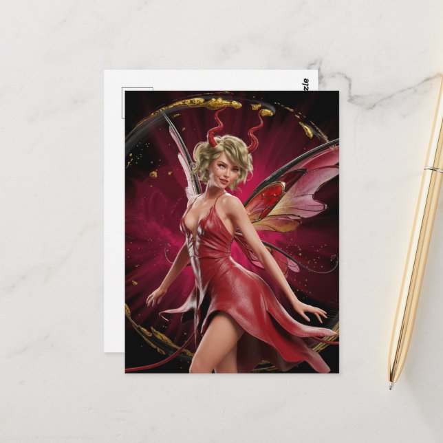 Fairy With Horns in a Red Dress  Postcard (Front/Back In Situ)