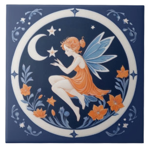 Fairy with Moon & Stars Night blue & orange Ceramic Tile