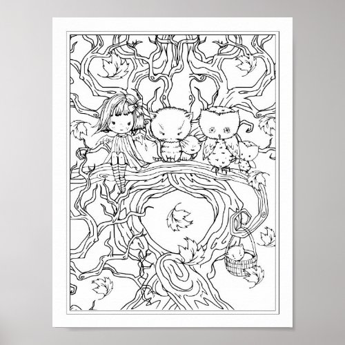 Fairy with Owls and Cats Cute Coloring Poster