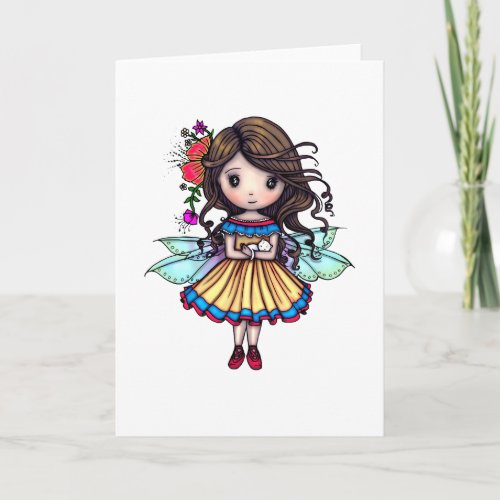 Fairy with Tiny White Kitten Illustration Card