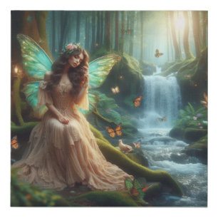 Fairy with Waterfall and Butterflies Faux Canvas Print