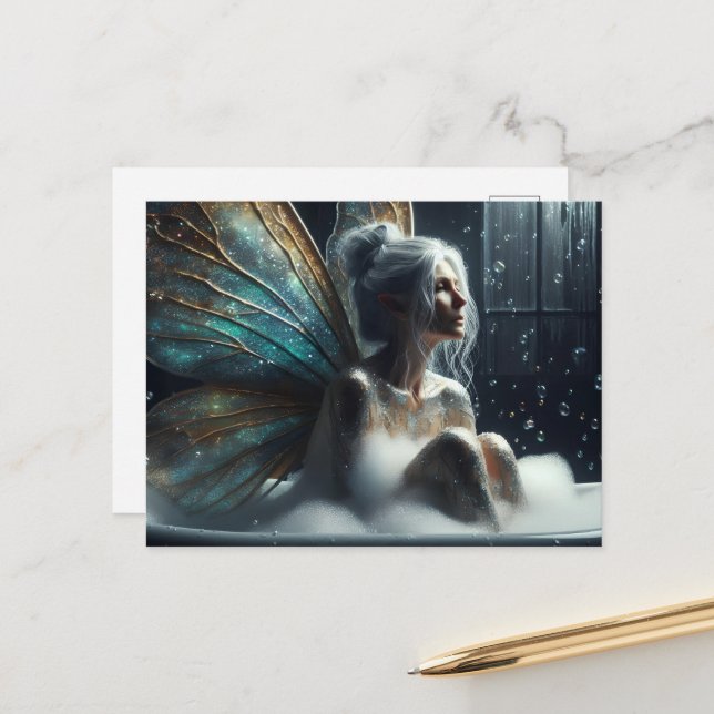 Fairy Woman Grey Hair in the Bubblebath Postcard (Front/Back In Situ)