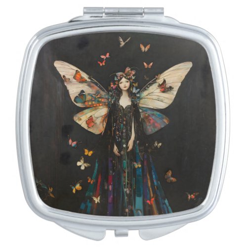 Fairy Woman Vintage Rainbow on Black Art  Compact Mirror
