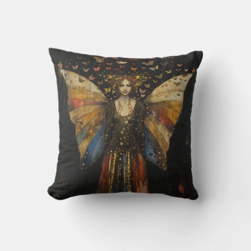 Fairy Woman Vintage Rainbow on Black Art Throw Pillow
