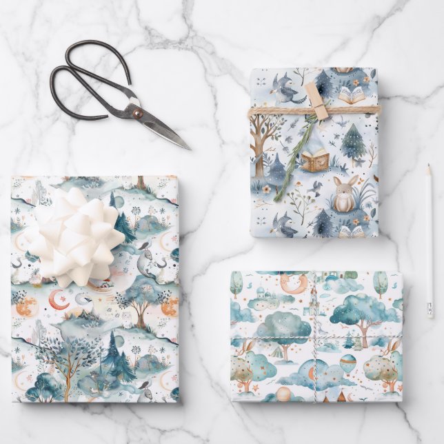 Fairy Woodland Animals Blue Wrapping Paper Sheets (Front)