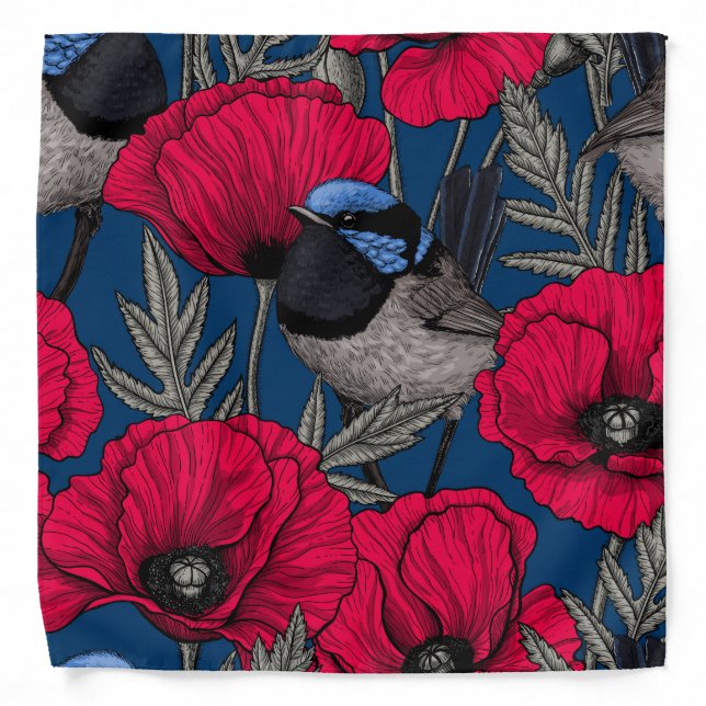 Fairy wren and poppies bandana (Front)