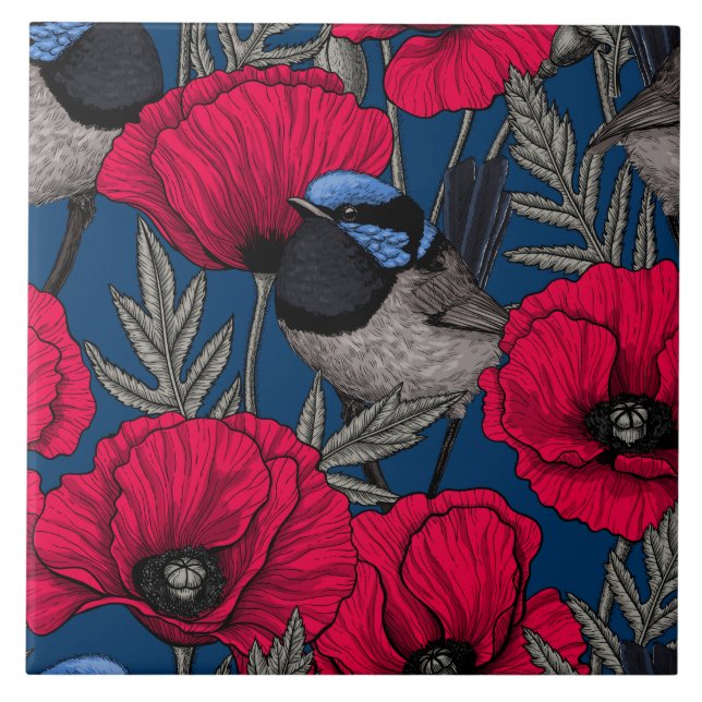 Fairy wren and poppies ceramic tile (Front)