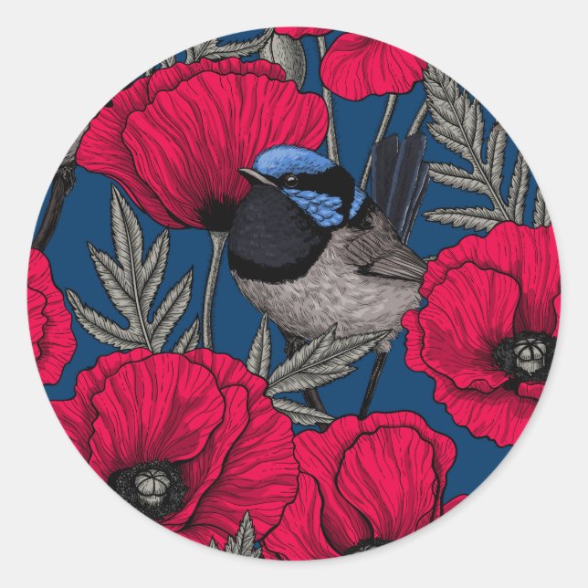 Fairy wren and poppies classic round sticker (Front)