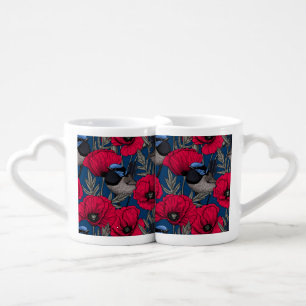 Fairy wren and poppies coffee mug set