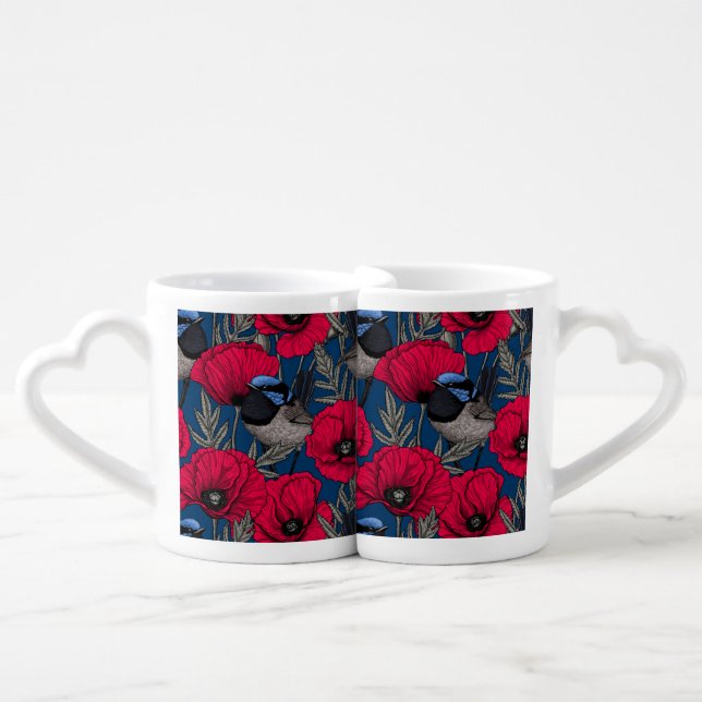 Fairy wren and poppies coffee mug set (Front Nesting)