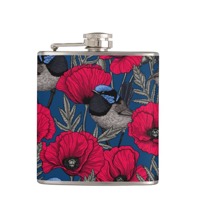 Fairy wren and poppies flask (Front)