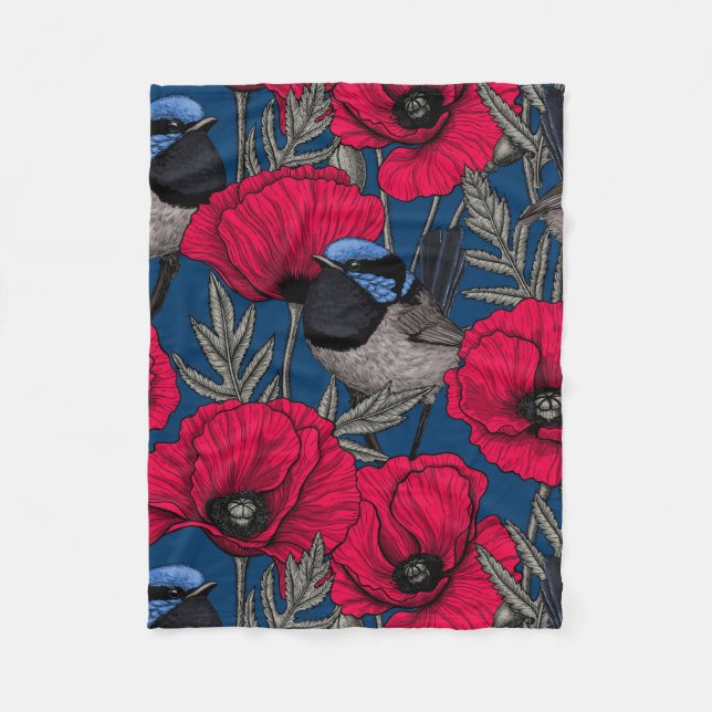 Fairy wren and poppies fleece blanket (Front)