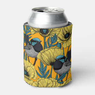 Fairy wren and poppies in yellow can cooler