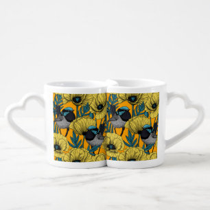 Fairy wren and poppies in yellow coffee mug set