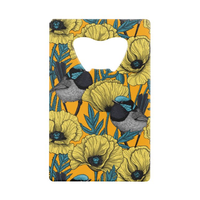 Fairy wren and poppies in yellow credit card bottle opener (Front)