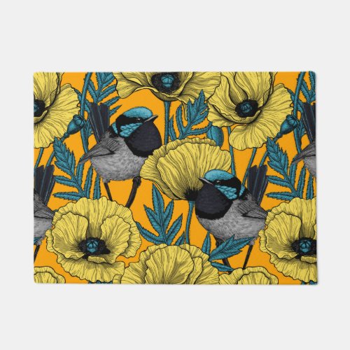 Fairy wren and poppies in yellow doormat