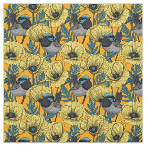 Fairy wren and poppies in yellow fabric