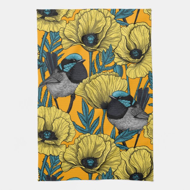 Fairy wren and poppies in yellow kitchen towel (Vertical)