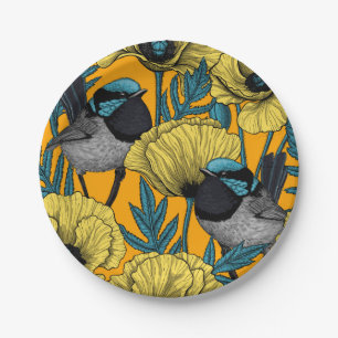 Fairy wren and poppies in yellow paper plates