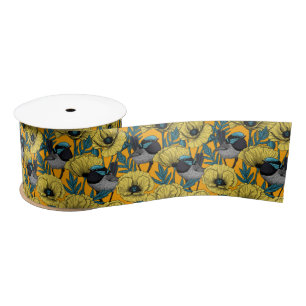 Fairy wren and poppies in yellow satin ribbon