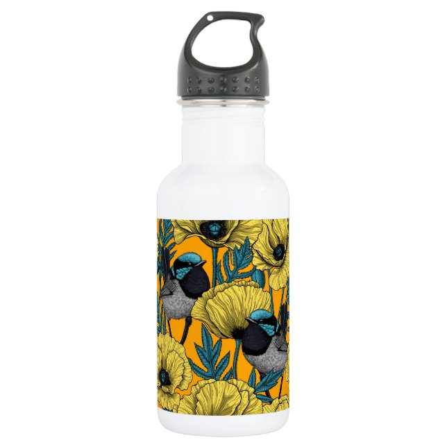 Fairy wren and poppies in yellow stainless steel water bottle (Front)