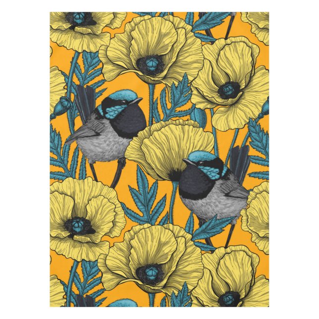 Fairy wren and poppies in yellow tablecloth (Front)