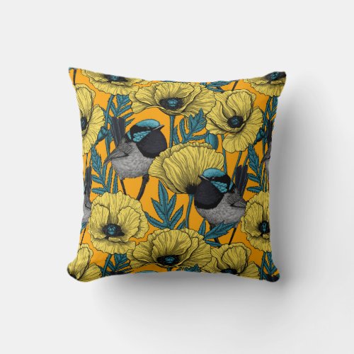 Fairy wren and poppies in yellow throw pillow