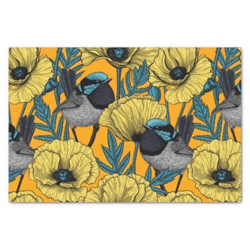 Fairy wren and poppies in yellow tissue paper