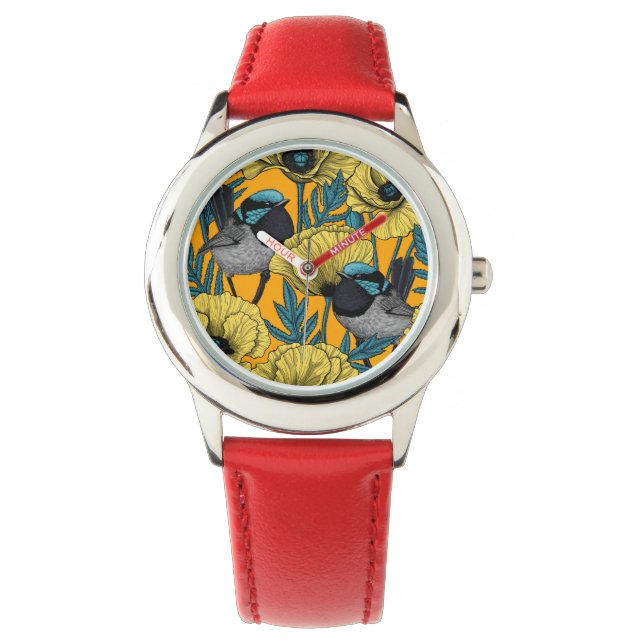 Fairy wren and poppies in yellow watch (Front)