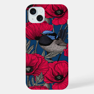Fairy wren and poppies iPhone 15 plus case
