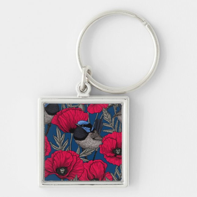 Fairy wren and poppies keychain (Front)
