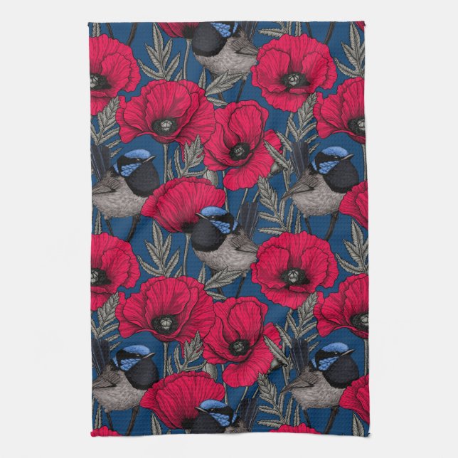 Fairy wren and poppies kitchen towel (Vertical)