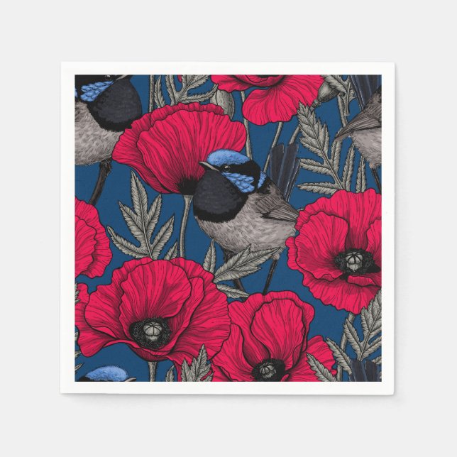 Fairy wren and poppies napkins (Front)