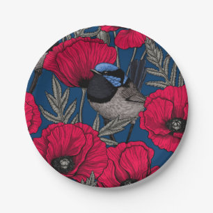 Fairy wren and poppies paper plates