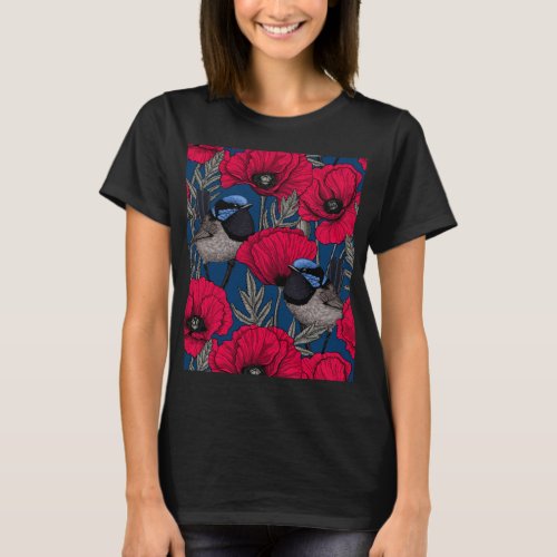 Fairy wren and poppies T_Shirt