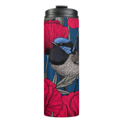 Fairy wren and poppies thermal tumbler