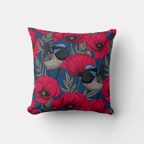 Fairy wren and poppies throw pillow