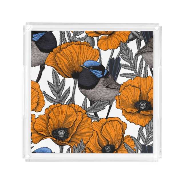 Fairy wrens and orange poppy flowers 2 acrylic tray (Front)