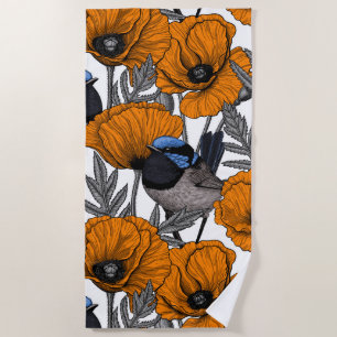 Fairy wrens and orange poppy flowers 2 beach towel