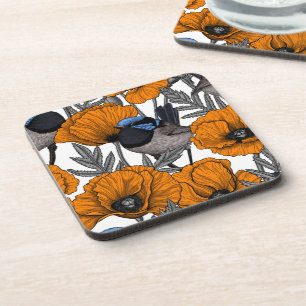 Fairy wrens and orange poppy flowers 2 beverage coaster