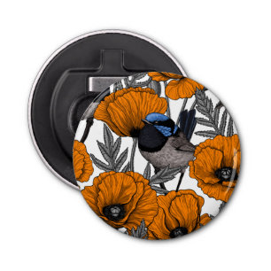 Fairy wrens and orange poppy flowers 2 bottle opener