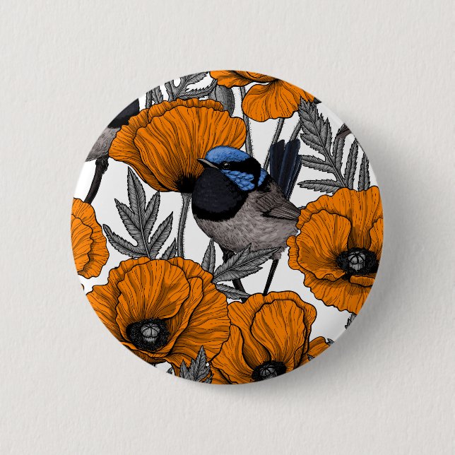 Fairy wrens and orange poppy flowers 2 button (Front)
