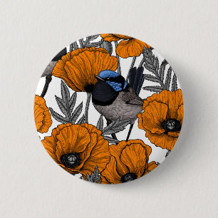 Fairy wrens and orange poppy flowers 2 button
