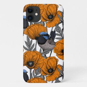 Fairy wrens and orange poppy flowers 2 iPhone 11 case