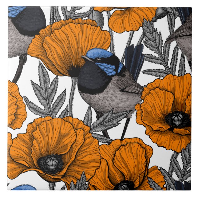 Fairy wrens and orange poppy flowers 2 ceramic tile (Front)