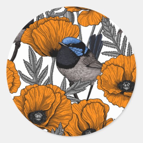 Fairy wrens and orange poppy flowers 2 classic round sticker