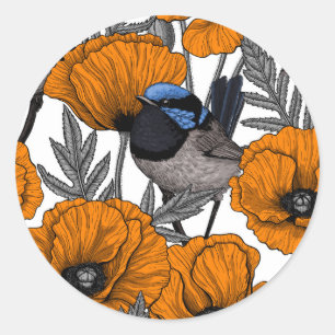 Fairy wrens and orange poppy flowers 2 classic round sticker